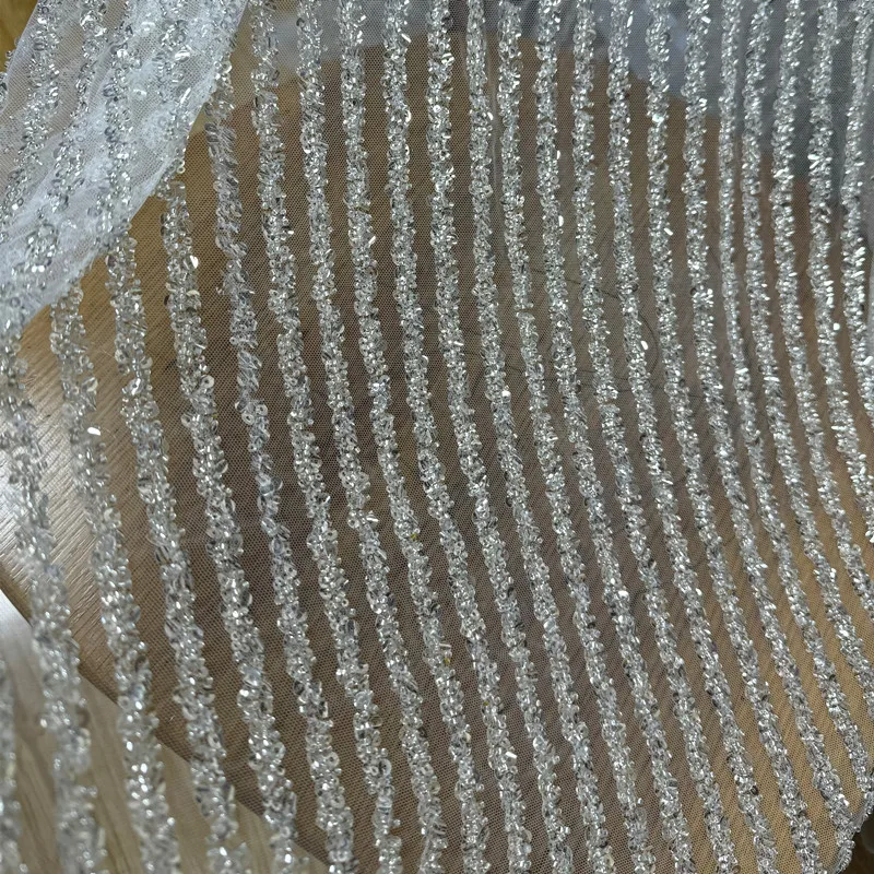 Beaded Crystal Sequin Striped Lace Tulle DIY Wedding Dress Transparent Net Fabric for Lace Clothing Material