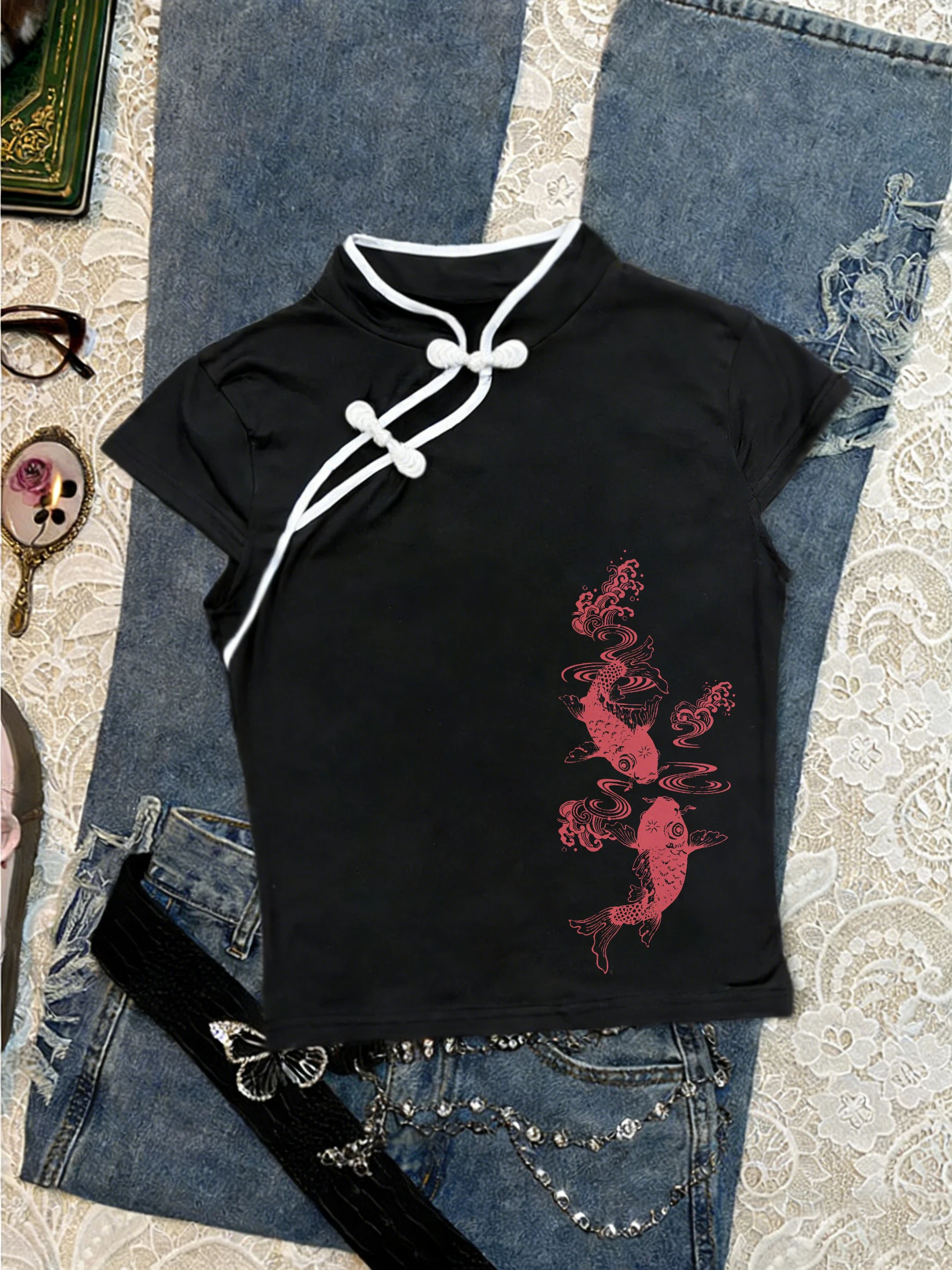 Summer Fashionable New Chinese Style Buckle Retro Slim Top Classic Versatile Casual Harajuku Aesthetic Printed T-shirt For Women