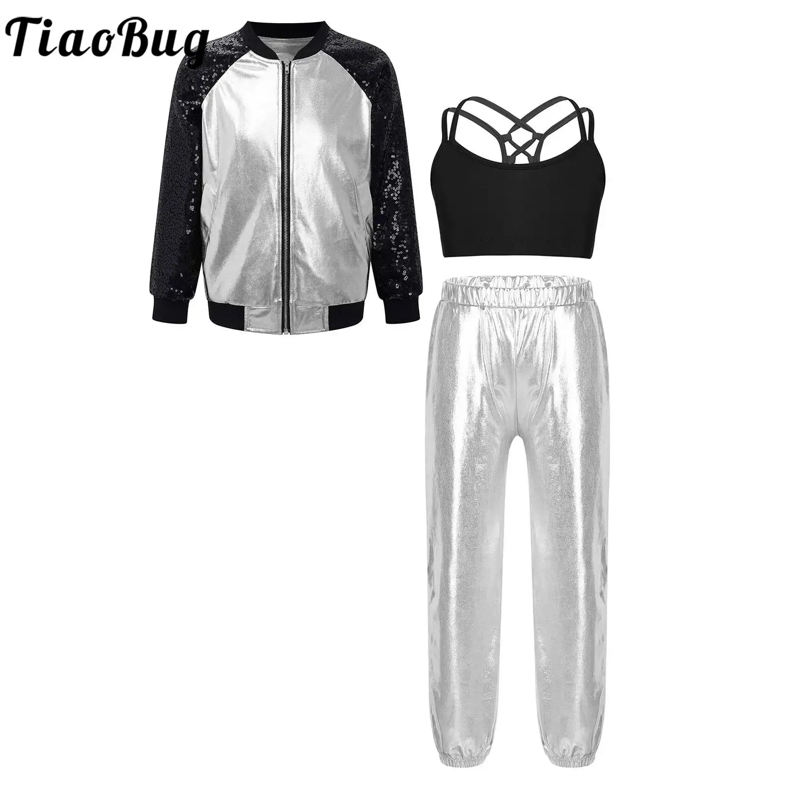 

Kids Girls Jazz Hip-hop Dance Costume Long Sleeve Metallic Jacket Coat with Crop Top Vest Pants Stage Performance Streetwear