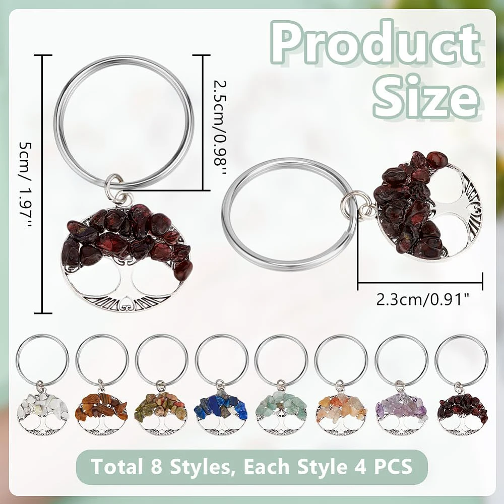 32pcs Tree of Life Keychains 8 Style Charms with 1 Inch Key Rings Stone Key Chain for Handmade DIY Bag Keyring Thanksgiving
