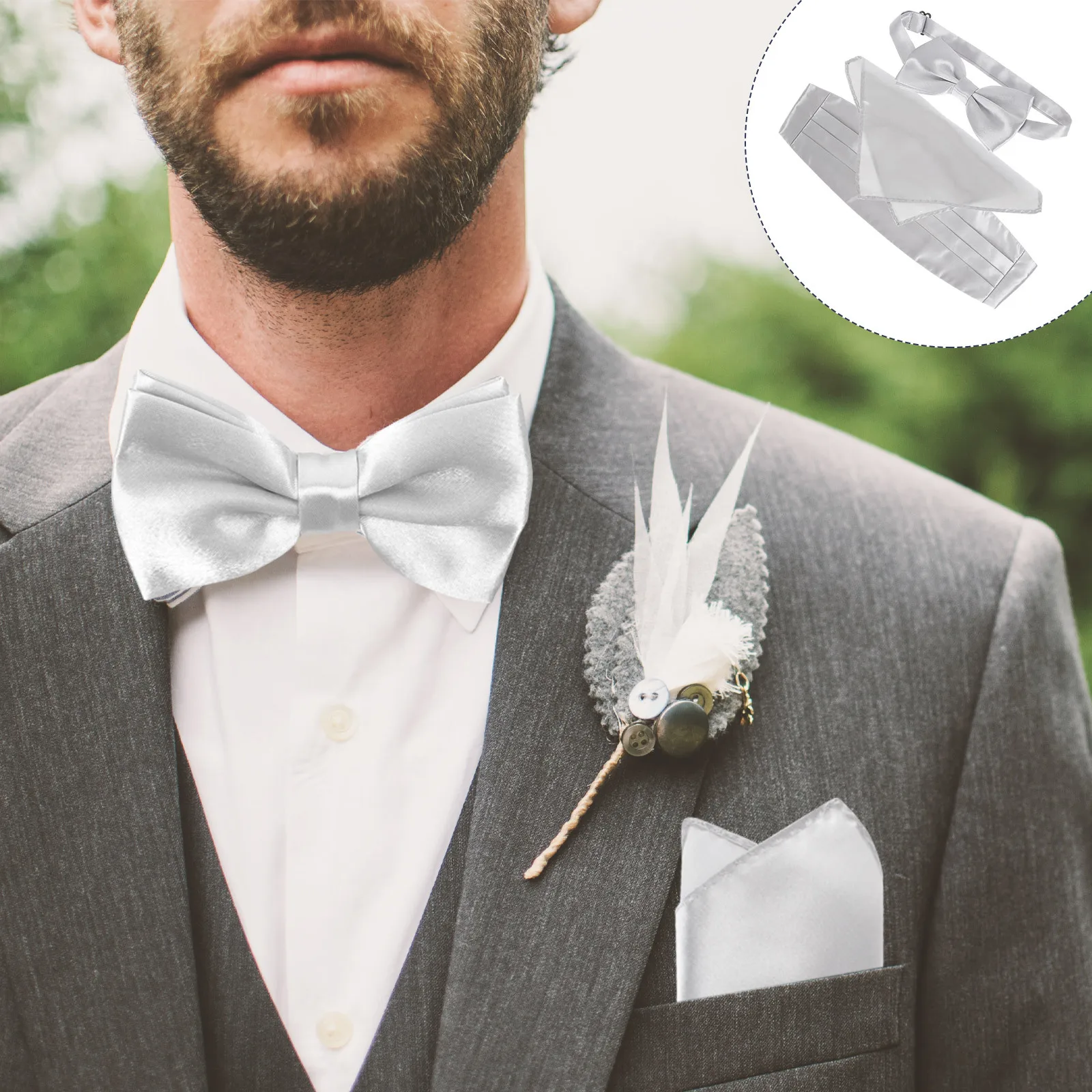 

1Set Elegant Men's Silver Bow Tie Cummerbund Handkerchief Set Pre-Tied Silk Formal Wedding Suit Accessory Bow Tie Cummerbund Set