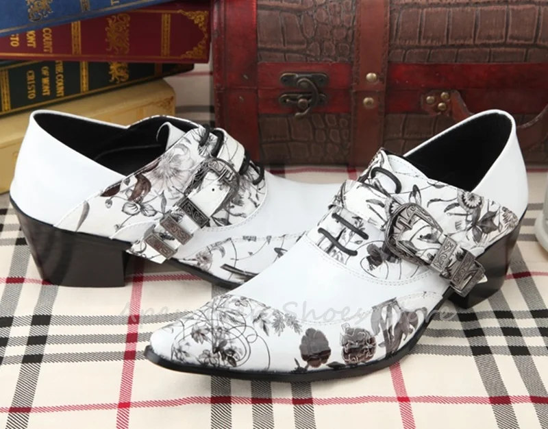 Vintage White Pointed Toe Floral Print Brogues Lace Up Handmade Dress Shoes Men's Buckle Strap Casual Business Oxford Shoes