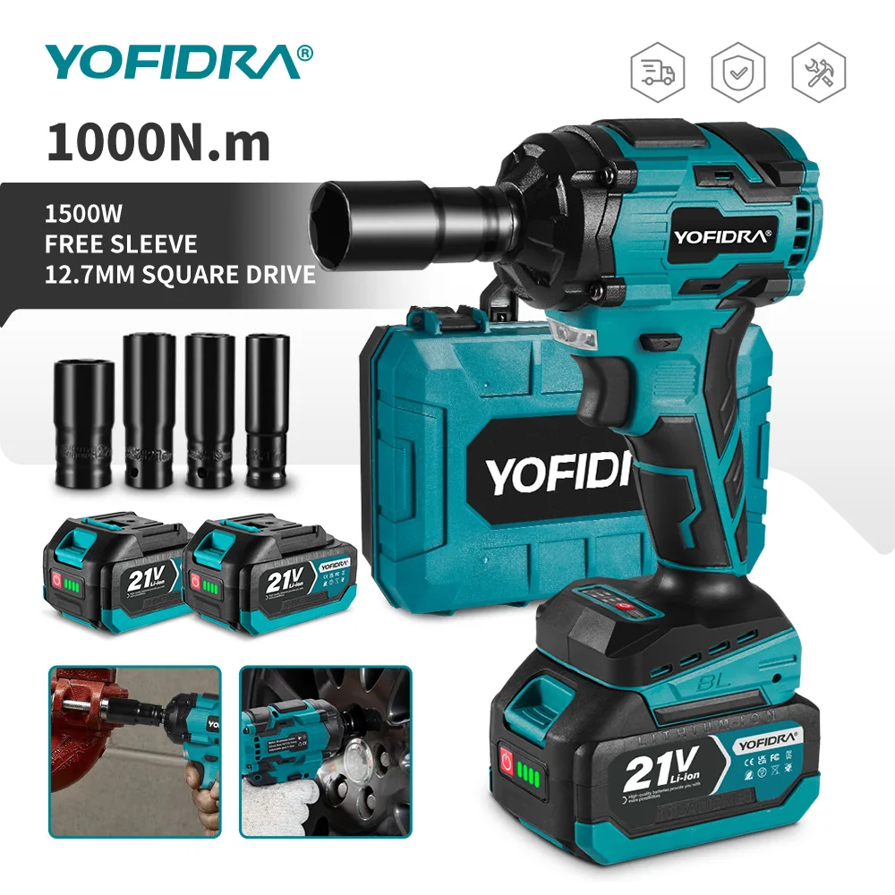 YOFIDRA 3-Gang 1000N.m Bürstenloser Elektrischer Schlagschrauber 1/2 Zoll Kabelloser Effizienter Elektroschrauber für Makita-Akku