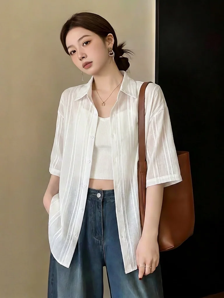

Thin Striped Shirt Women's Summer New Large Size Micro Fat MM Outerwear Cardigan Top Korean Style Commute Loose Fit Sunscreen