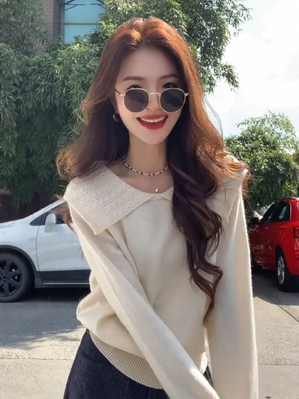 

Мягкий вязаный свитер с кукольным воротником, женский длинный свек, свободный утягивающий Sli Age-Defng, осень-зима, новое поступление, корейский...