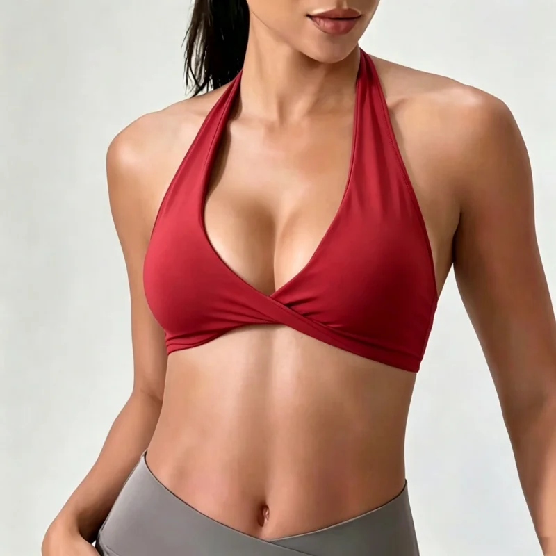 Damen-Sport-BH mit V-Ausschnitt und Halterneck, ultra-elastisch, mit Polsterung, offenem Rücken, Fitness-Tanktop für Yoga, Workout und Activewear – Detail 6
