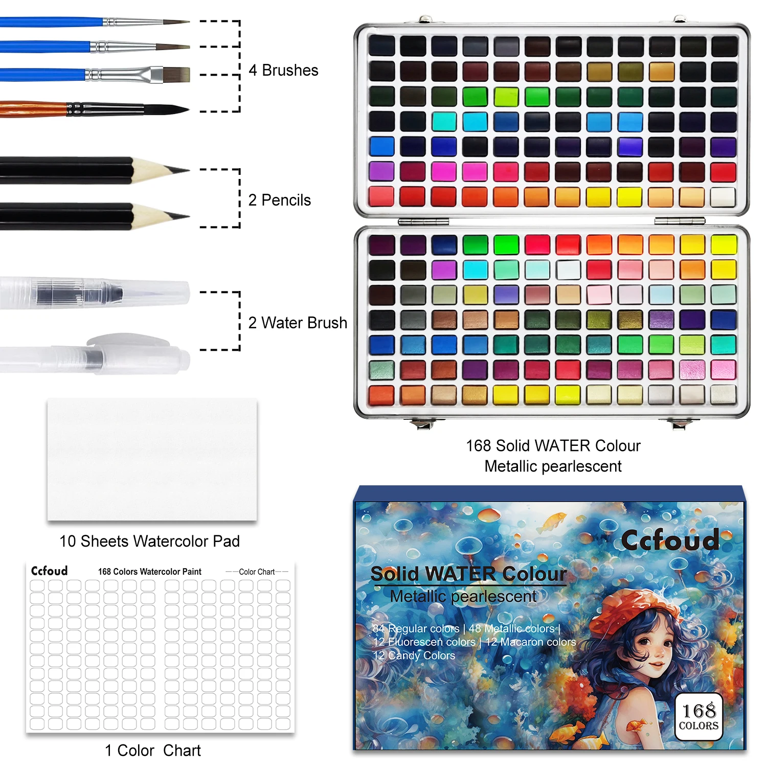 50/100/168 Color Solid Watercolor Paint Set Basic Neone Glitter Watercolor Pigments for Drawing Art Paint Supplies