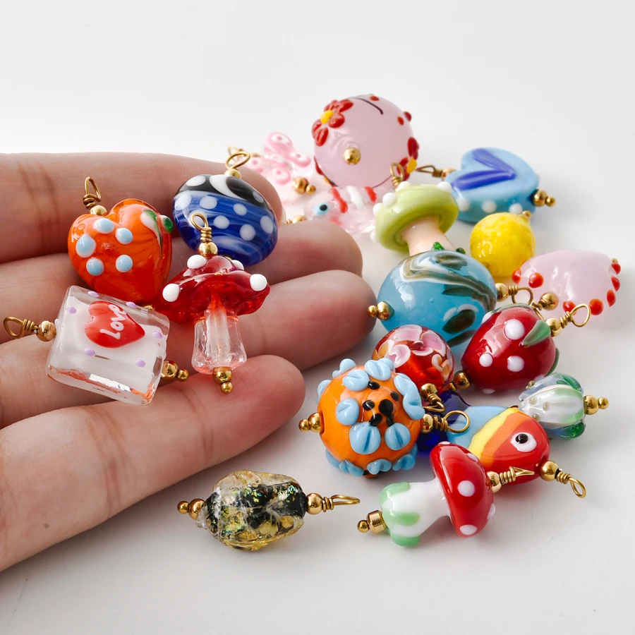 6Pcs Colorful Lampwork Glass Pendant Cute Mushroom Fish Heart Butterfly Strawberry Beads DIY Earrings Bracelet Necklace Jewelry