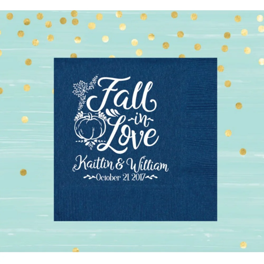 Fall in Love Napkins,Personalized Autumn Wedding Party , Wedding Shower, Cocktail Napkins, 50PCS Start, Font Color Options