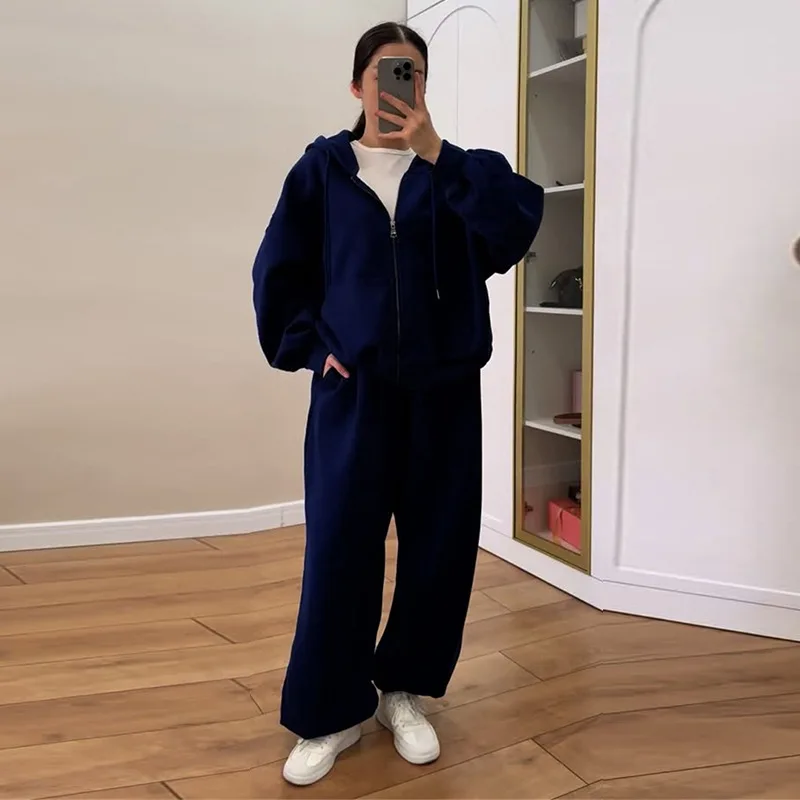 2025 Autumn New Sweet Fresh Blue Hooded Zipper Sweatshirt Cuffed Pants Two Piece Set Women Casual Fashion Outfit
