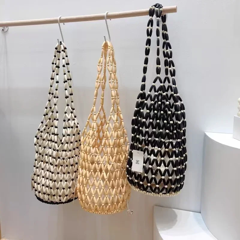 

BluWin Hollow Wooden Bead Shoulder Bag Inner Pouch Handmade Woven Beaded Handbag Summer Beach Travel Vacation Women Bucket Bag
