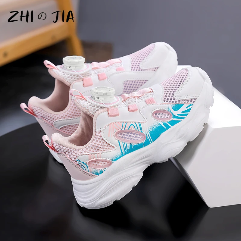 Girls Summer Campus Leisure Breathable Sports Shoes Children New Mesh Sneaker Rotating Buckle Outdoor Lightweight Running Shoes