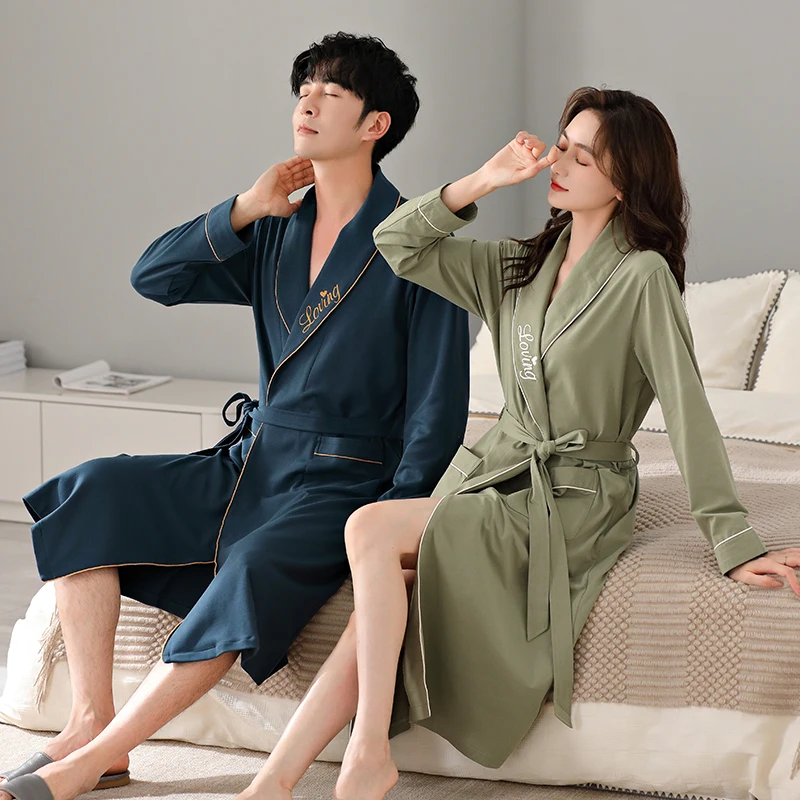 M-4XL Soft Cotton Nightgowns For Couple Style Cardigan Robe Letter Embroidery Simple Fashion Men's and Women's Bathrobes