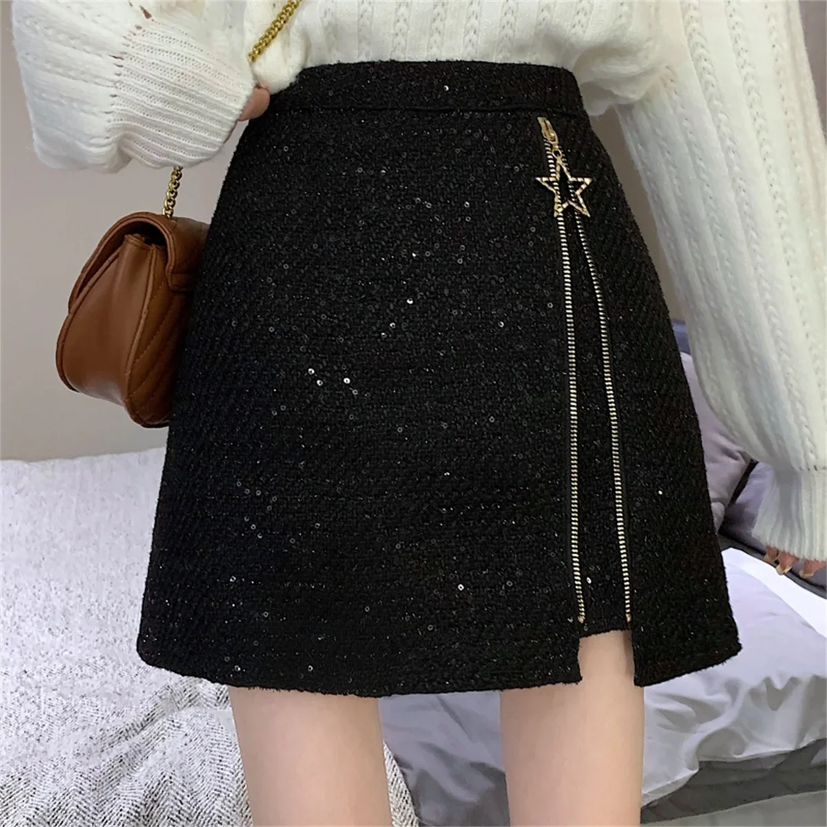 Autumn Winter Wild Zipper Split A-line Tweed Short Skirts For Women 2024 New Fashion High Waist Slim Mini Woolen Skirt