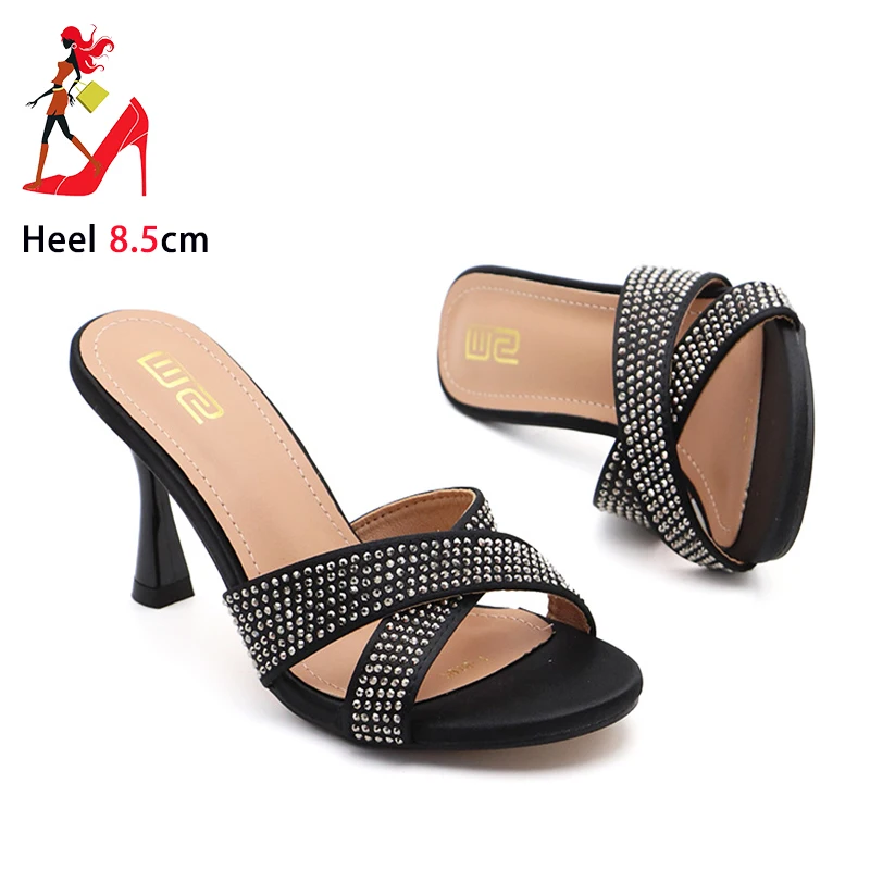 

Женские тапочки со стразами, новинка 2023 года, элегантная обувь для вечеринок, летние шлепанцы на тонком высоком каблуке, модные женские сандалии, Zapatos Mujer