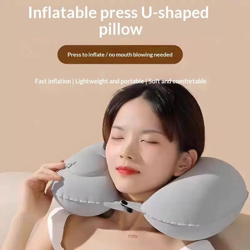 Flocking Self Inflatable Portable Neck Pillow Foldable Storage Travel Pillow For Business Trip Camping Outdoor Use