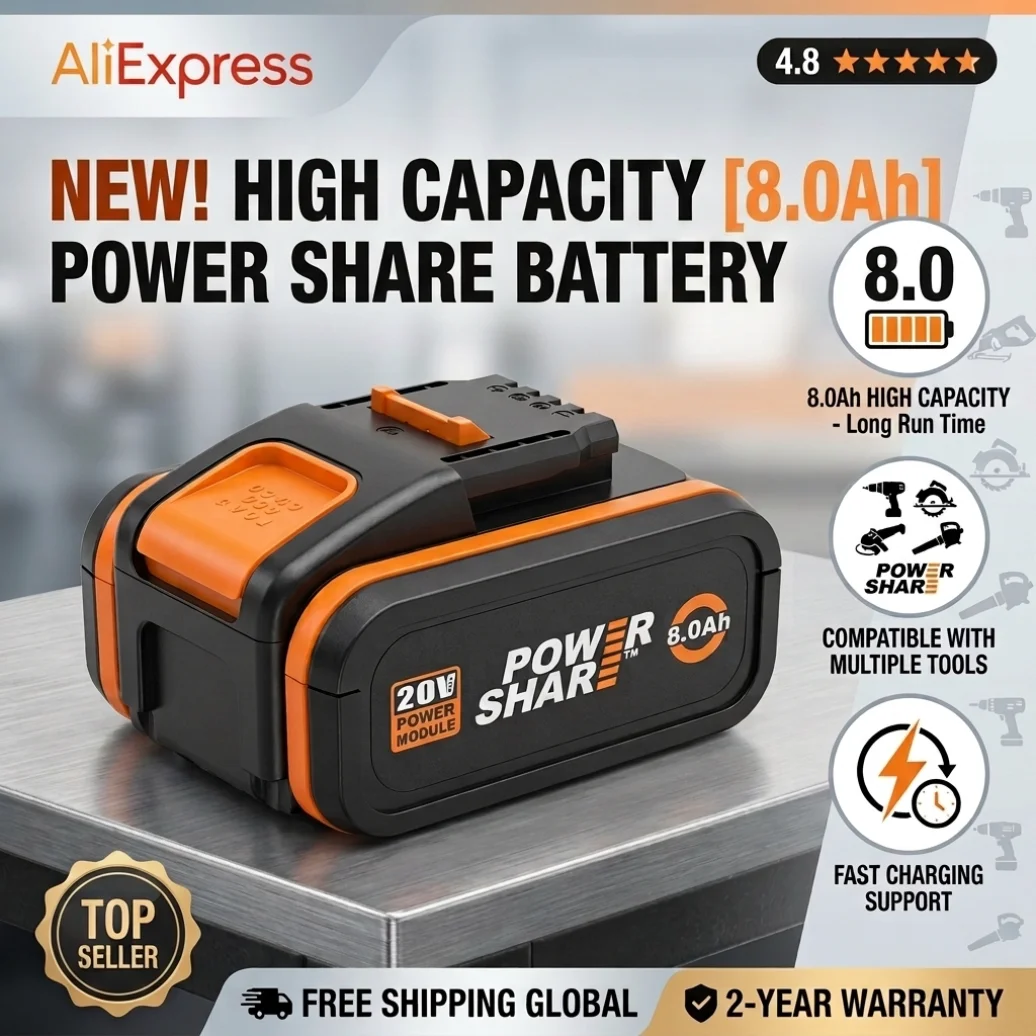 Original Worx 20V 8.0Ah Lithium Battery Rechargeable WA3553 WA3551 WA3553.1 WA3570 for All WORX Electric and Garden Tools