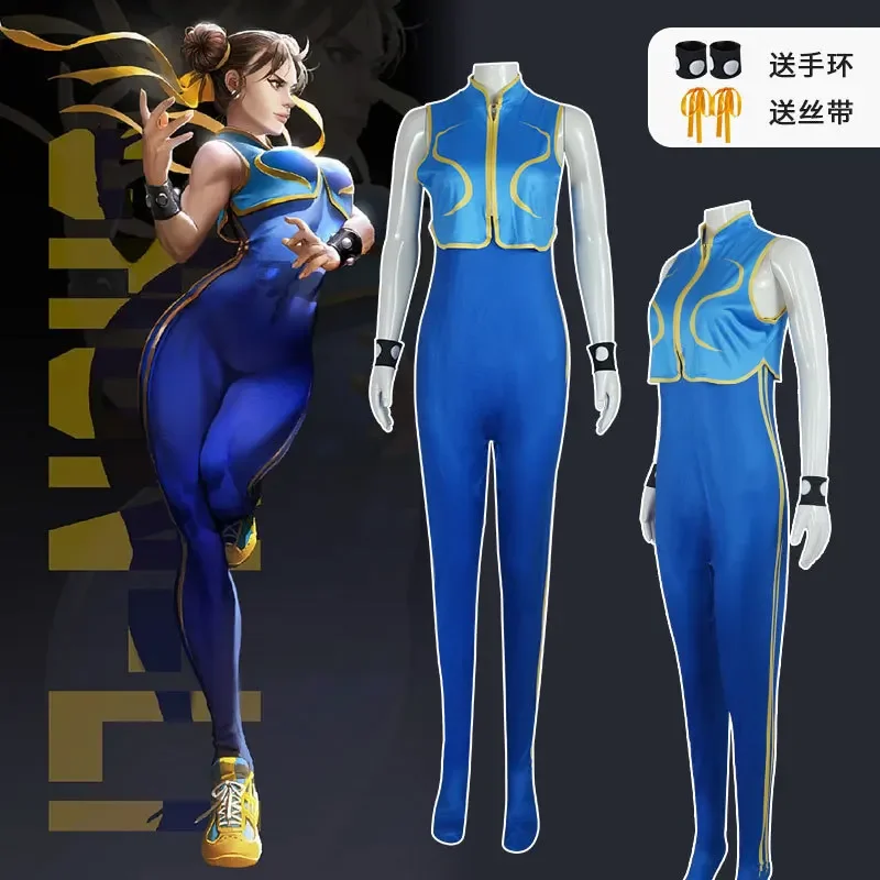 Traje cosplay Li para mulheres e meninas, bodysuits elásticos, terno Chun-Li com pulseira e laços de cabelo