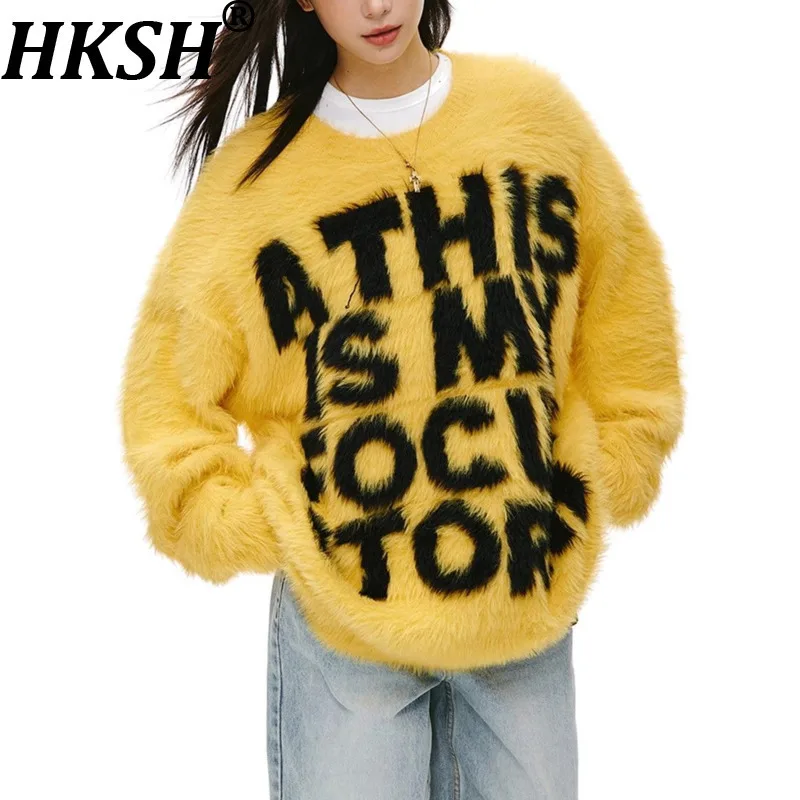 

HKSH Autumn Winter New Women American Retro Sweater Letter Printed Color Block O-neck Pullover Trend Casual Knitted Tops HK16771