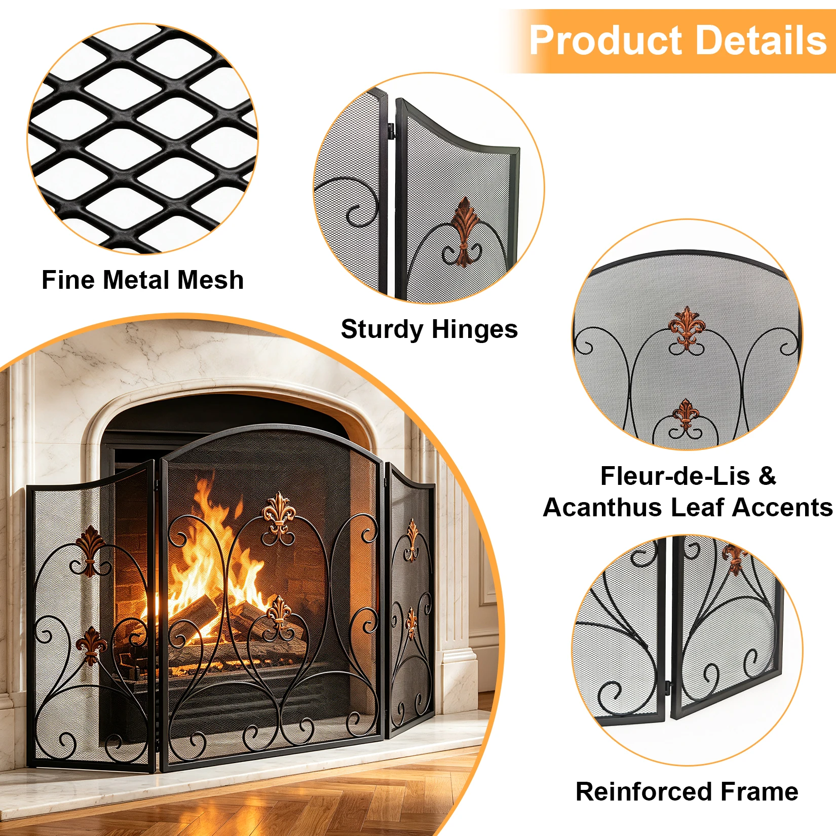 Unho 3 Panel Fireplace Screen with Fleur De Lis Foldable Spark Guard Freestanding Decorative Wrought Iron Cover for Living Room