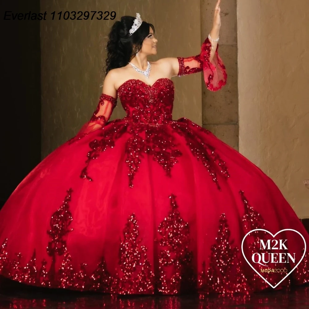 EVLAST Glitter Shiny Red Quinceanera Dress Ball Gown manica lunga Applique a strati perline Sweet 16 Vestidos De 15 Anos TQD782