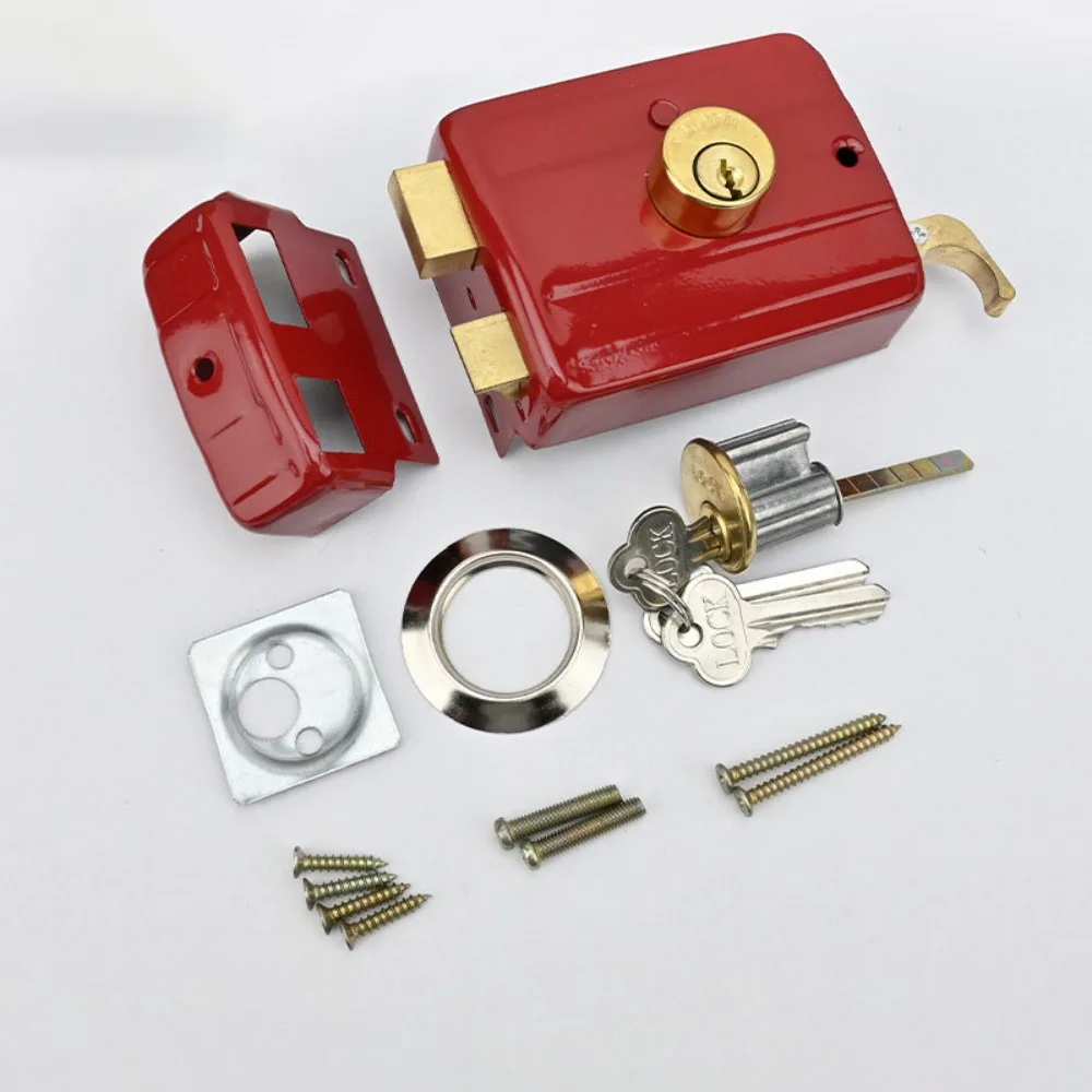 Iron Anti-theft Door Lock Single Cylinder Key Included Security Door Lock Retro Style Durable Retro Red Lock Indoor Use