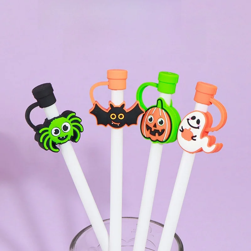 

2024 New Cute Ghost Halloween Straw Topper Halloween Straw Cover Cap For Cup PVC Reusable Drink Covers 10 mm Party Decoration