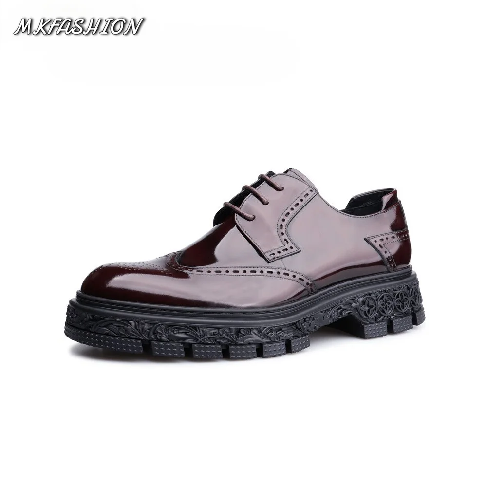 Brogue Oxfords Men Dress Shoes Thick Heel Height Increase 5CM Fashion Patent Leather
