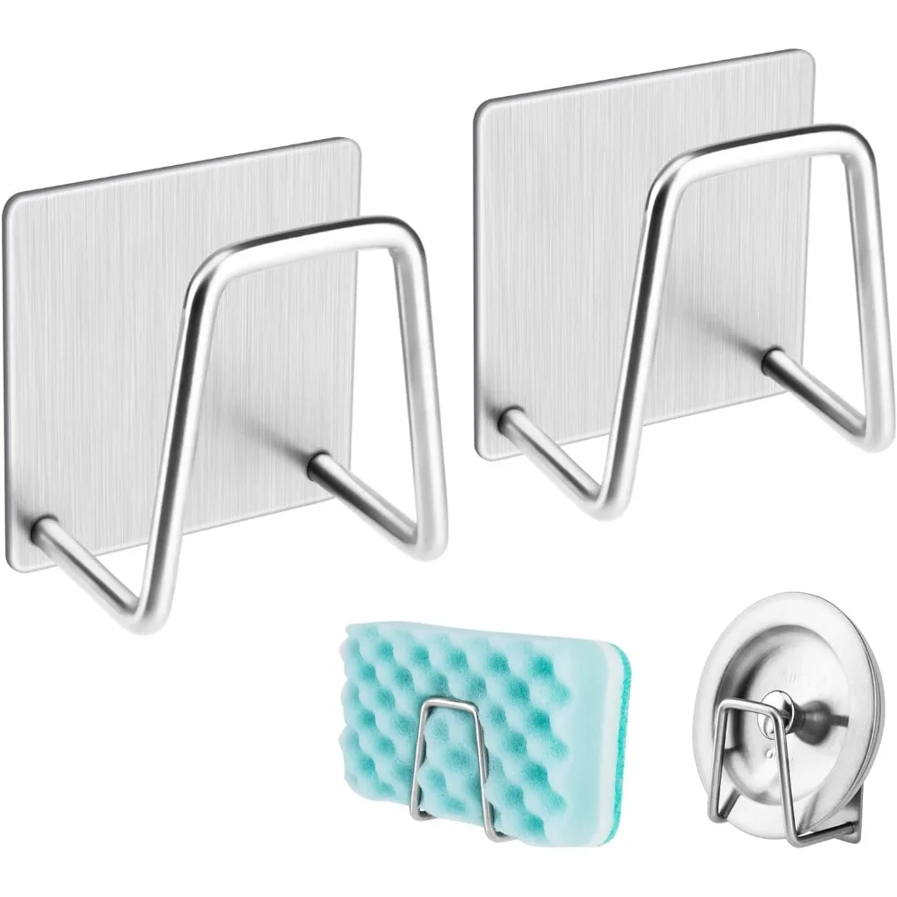 kkjoy 2 Pack Adhesive Sponge Holder Sink Caddy Kitchen Accessories SUS304 Stainless Steel Rust-Proof Waterproof Quick Drying