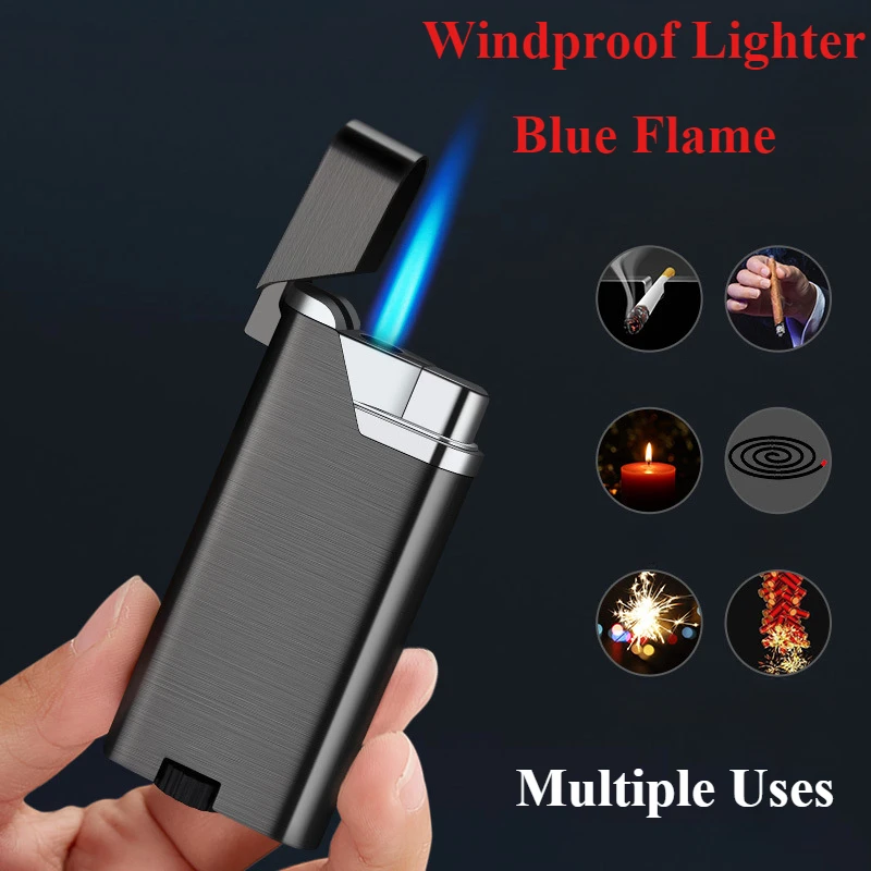 

New Metal Inflatable Open Cover Press Straight Blue Flame Windproof Lighter Ultra-thin Creative Personalized Lighters & Smoking