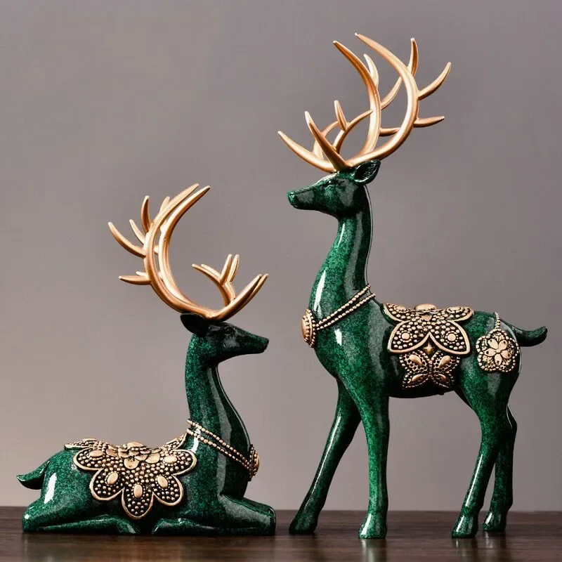 Deer Statue Blue Green Family Figurines Resin Elk Sculpture Home Decor Reindeer Art Home Decorative Living Room Deer Decoration