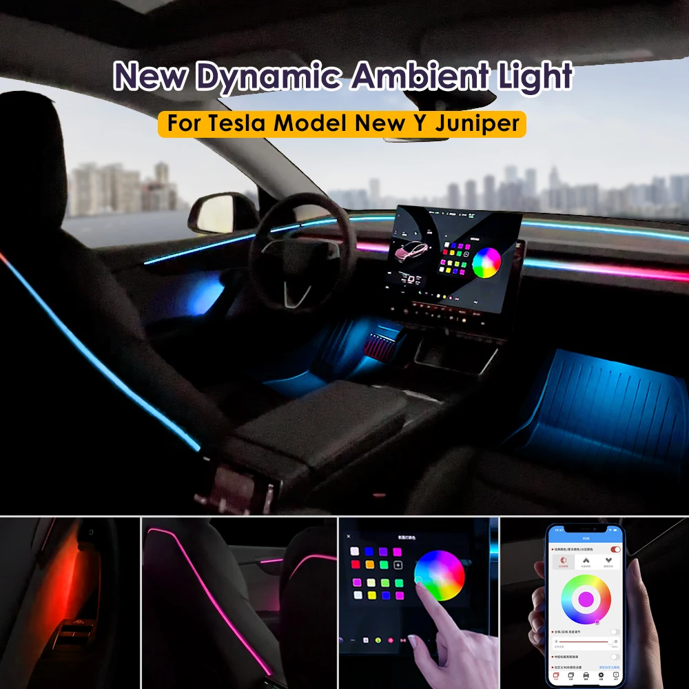 Atmosphere Lighting for Tesla New Model Y Juniper YL Dynamic Ambient Light Kit Door Breathing Lamp Air-vent Stream Seatback LED