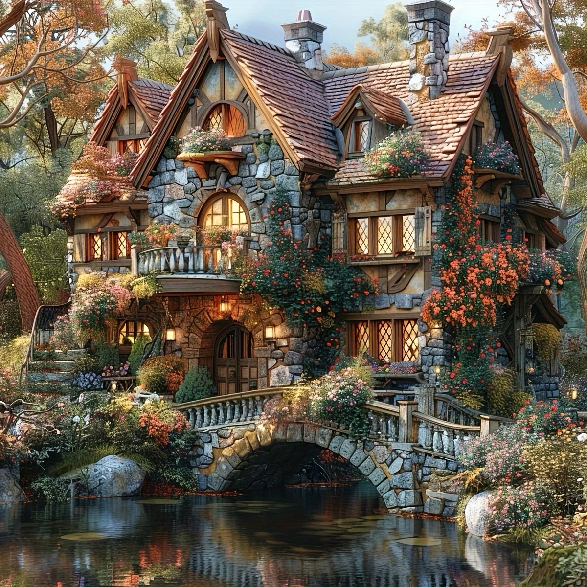 

500PCS/1024 PCS Jigsaw Puzzles Stone House Bridge Flowers Scenery Challenging Family Activity Game for Bedroom Home Decor Gift