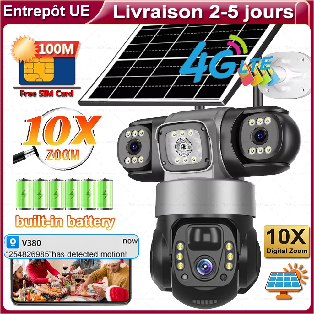 Caméra 4G caméras de vidéosurveillance solaires 3 objectifs batterie sans fil télécommande PTZ Surveillance IP ferme cour moniteur extérieur caméras