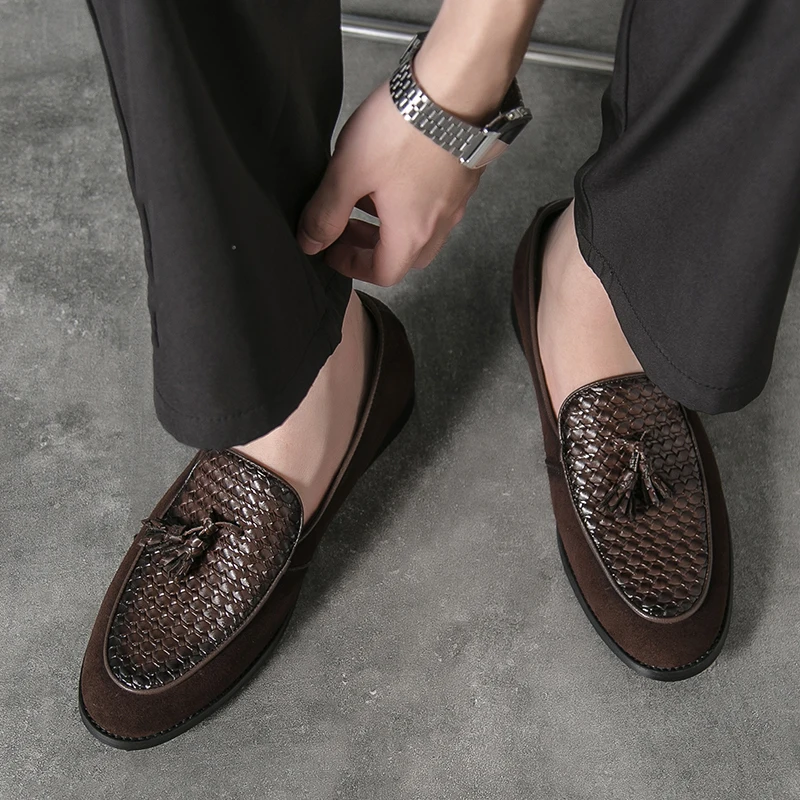 Men Loafers Spliced Woven Tassel Decorated Trendy Classic Comfortable Office Leisure Party Men Shoes Sizes 38-47