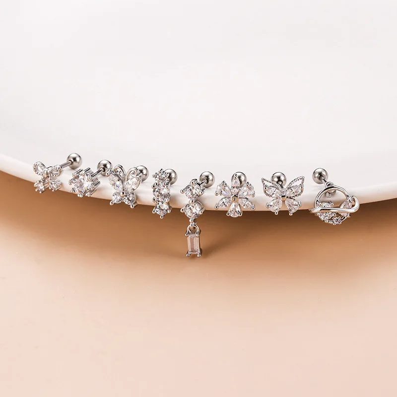 1PC Korean Hollow Bowknot Stud Earrings Stainless Steel CZ Cartilage Dangle Earrings Helix Tragus Snug Earring Piercing Jewelry