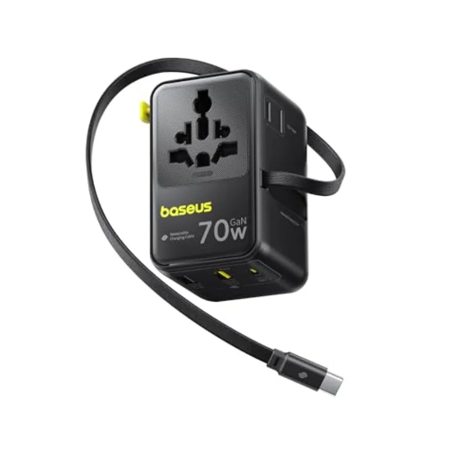 

Универсальный дорожный адаптер 6-в-1 с выдвижным кабелем, USB-C PD, быстрая зарядка, зарядное устройство для розеток по всему миру