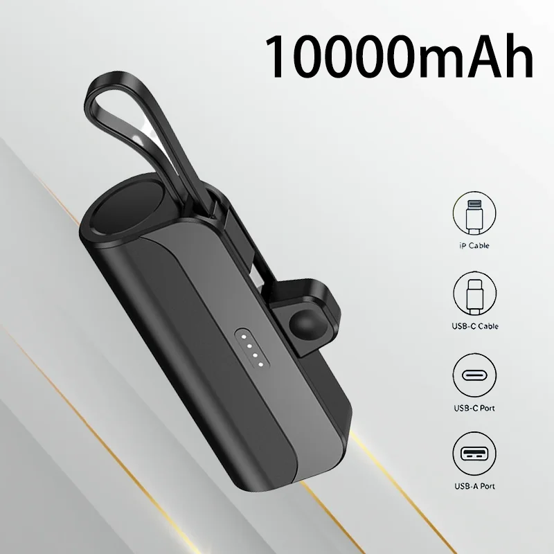 Ultra Compact Mini Pocket Size Power Bank Built-in Cable 10000mAh Large Capacity Fast Charging Portable External Battery Charger