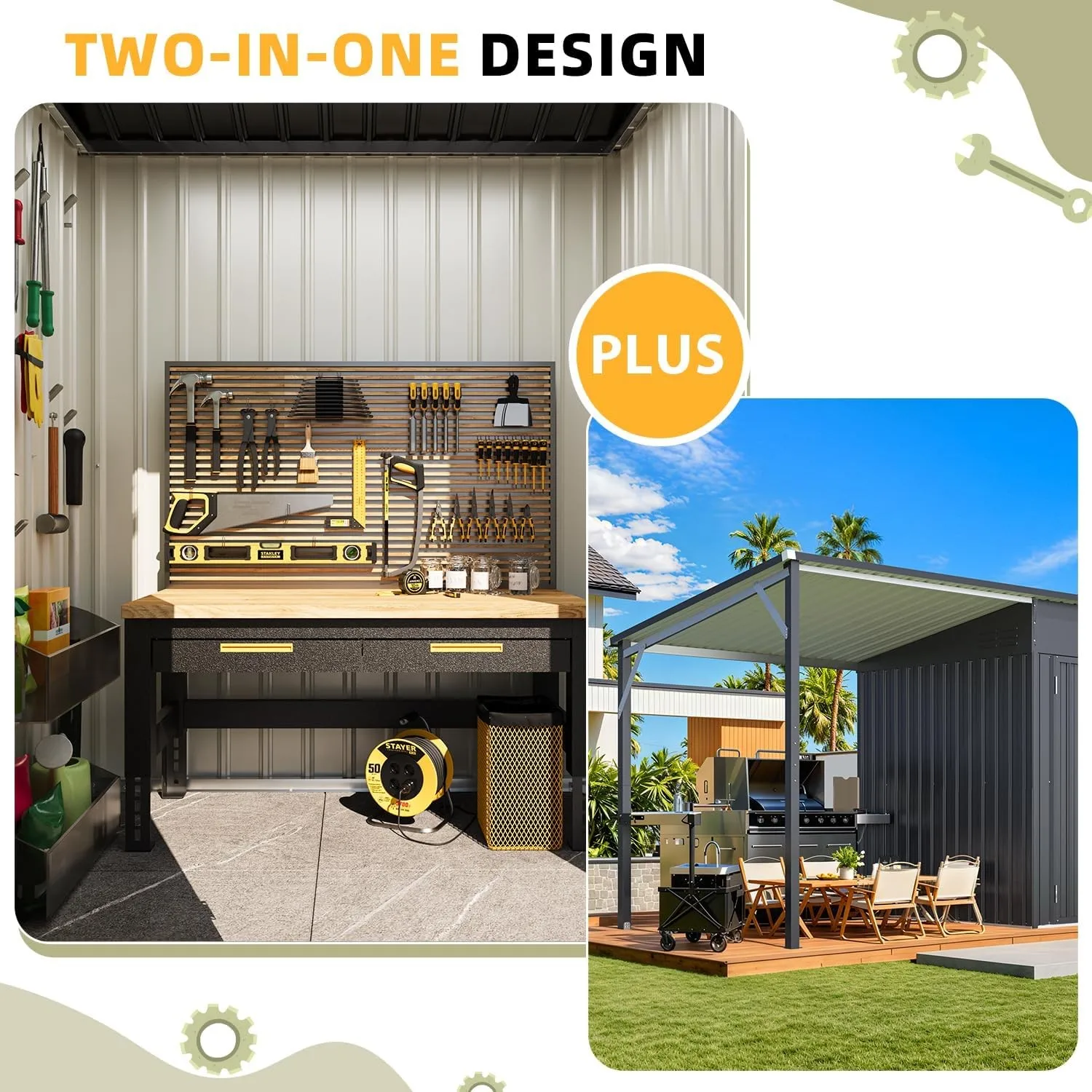 Outdoor Open-Sided Metal Storage Shed with Attached Hardtop Metal Gazebo view 3