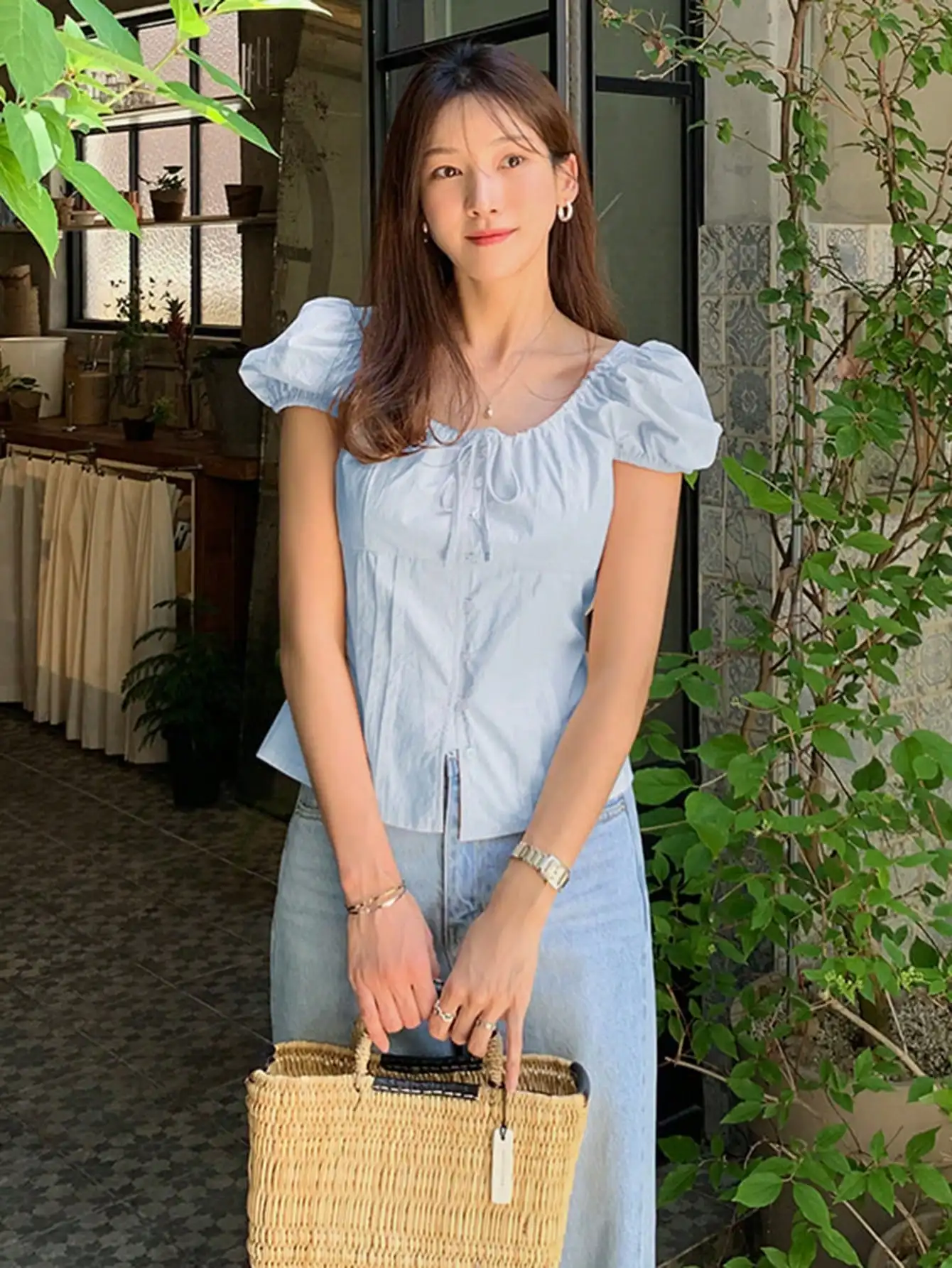 

Women Solid Color Puff Sleeve Button Front Blouse Sky Blue Spring Summer
