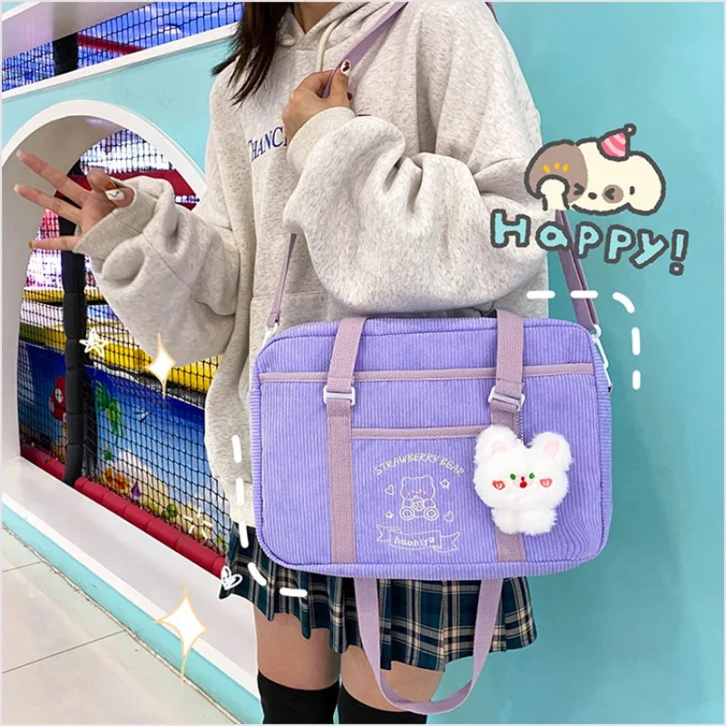 Japanese JK Shoulder Bags for Women Solid All Match Canvas Uniform Crossbody Bag Cute Cartoon Bear Handbag 2024 Bolso Mujer