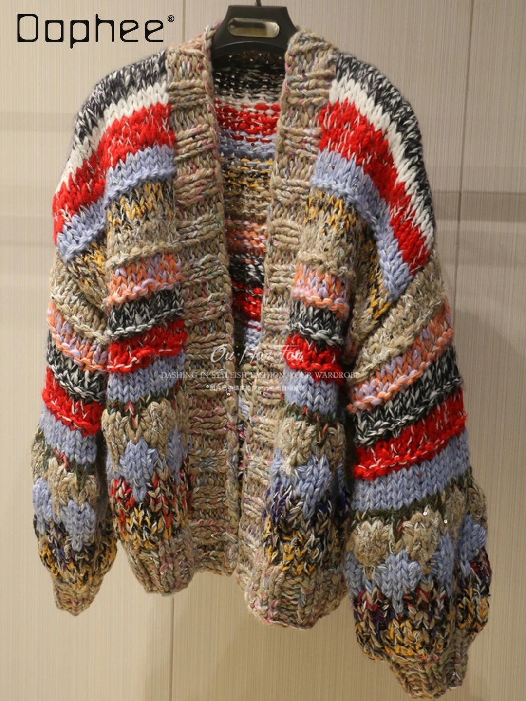 Autumn Winter Fashion Patchwork Striped Knitted Loose Thickened Warm Sweater Commuting Style Trendy Loose Slim Knitted Cardigan