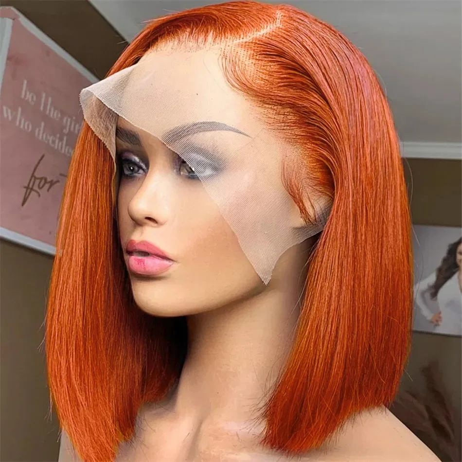 

Short Bob Wig Bone Straight 350 Dark Orange Colored 13x4 Lace Frontal Wigs 100% Human Hair Transparent Lace Front Wig For Women