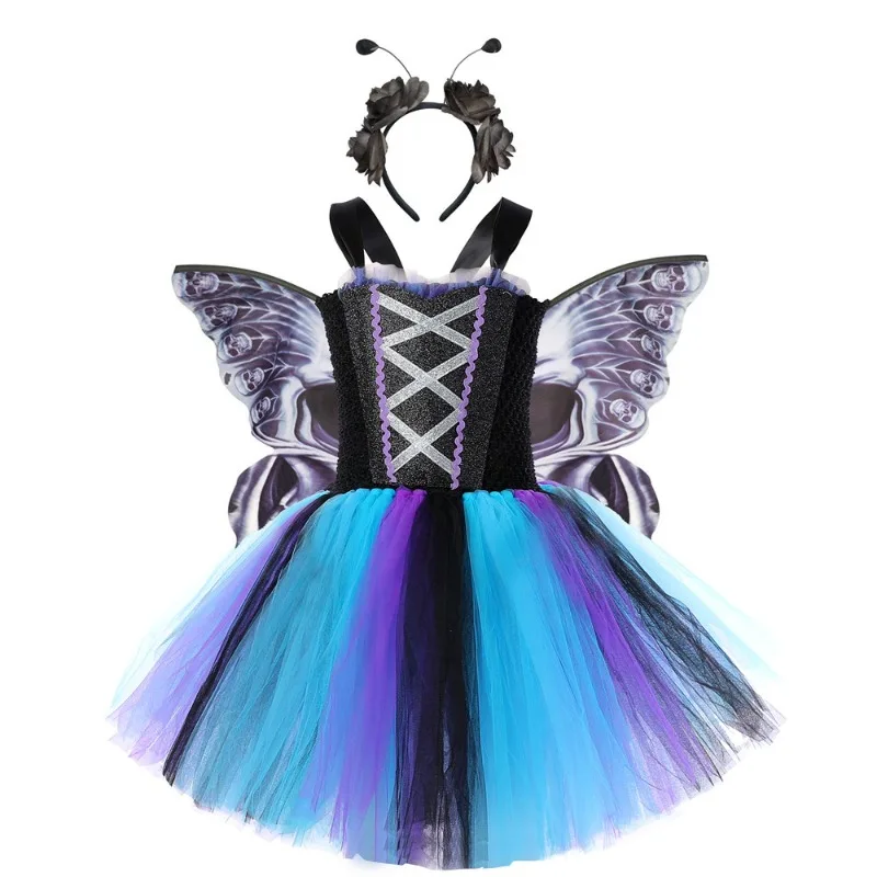 Cute black dress set for girls, mesh clothes with Skull patterns, perfect for Halloween stage performances and themed gatherings