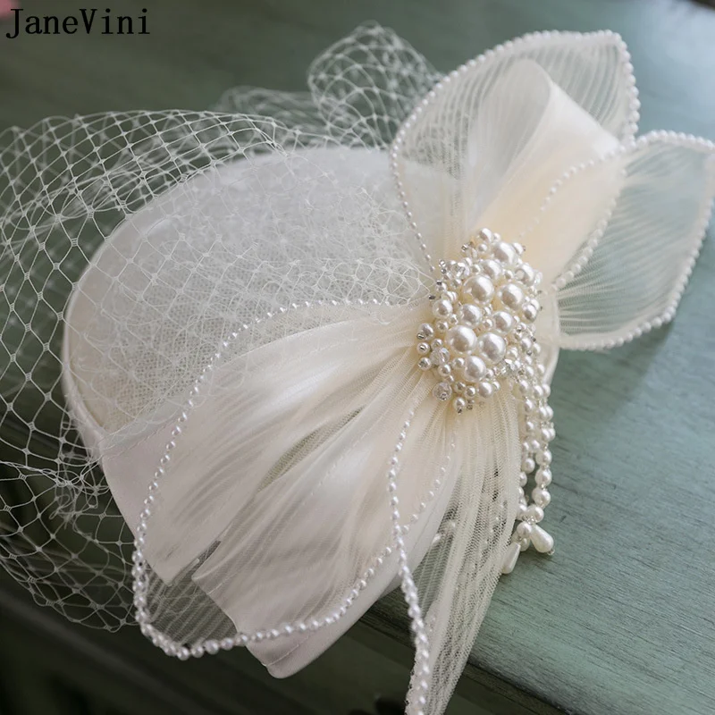 Janevini elegante branco casamento chapéu com pinos de cabelo e clipes pérola arco malha rosto véu chapéus de noiva festa cocktail acessórios para o cabelo