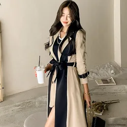 Korean Fashion Color Block Lace Up Trench Coat Women 2023 Spring Summer Temperament Notched Straight Midi Windbreaker Tide