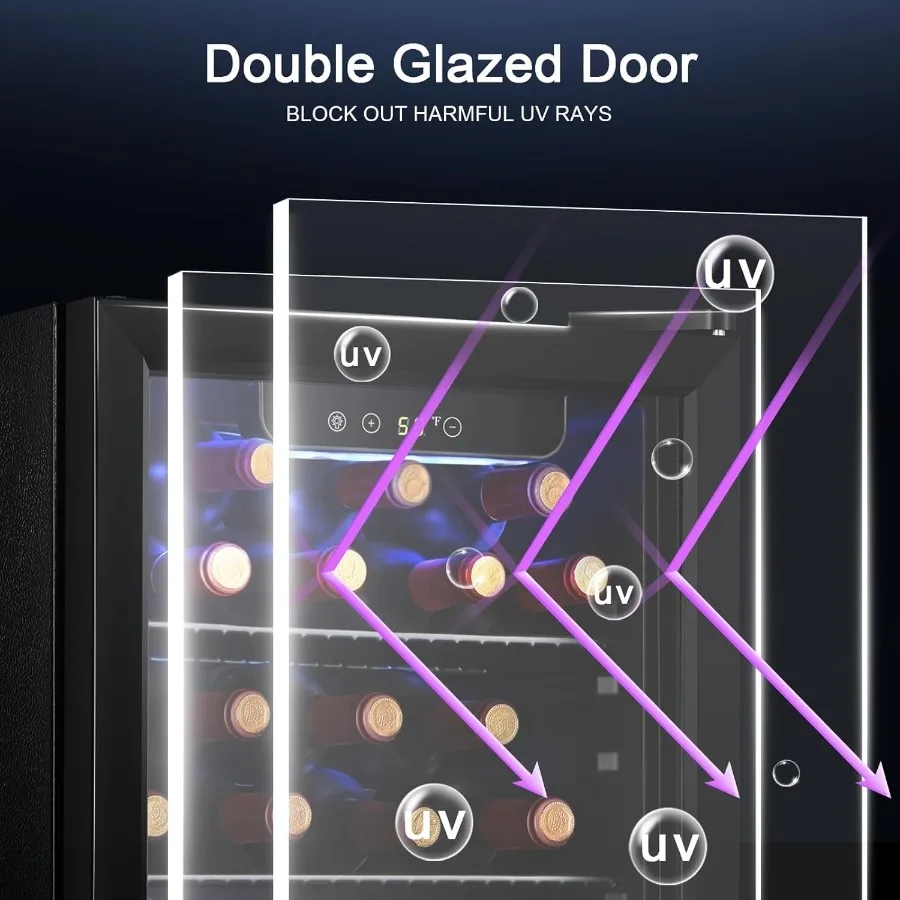 Chłodziarka do wina i napojów do domu i baru, pojemność 16 butelek, szklana drzwi przednie, miejsce na 68 puszek, wolnostojąca.