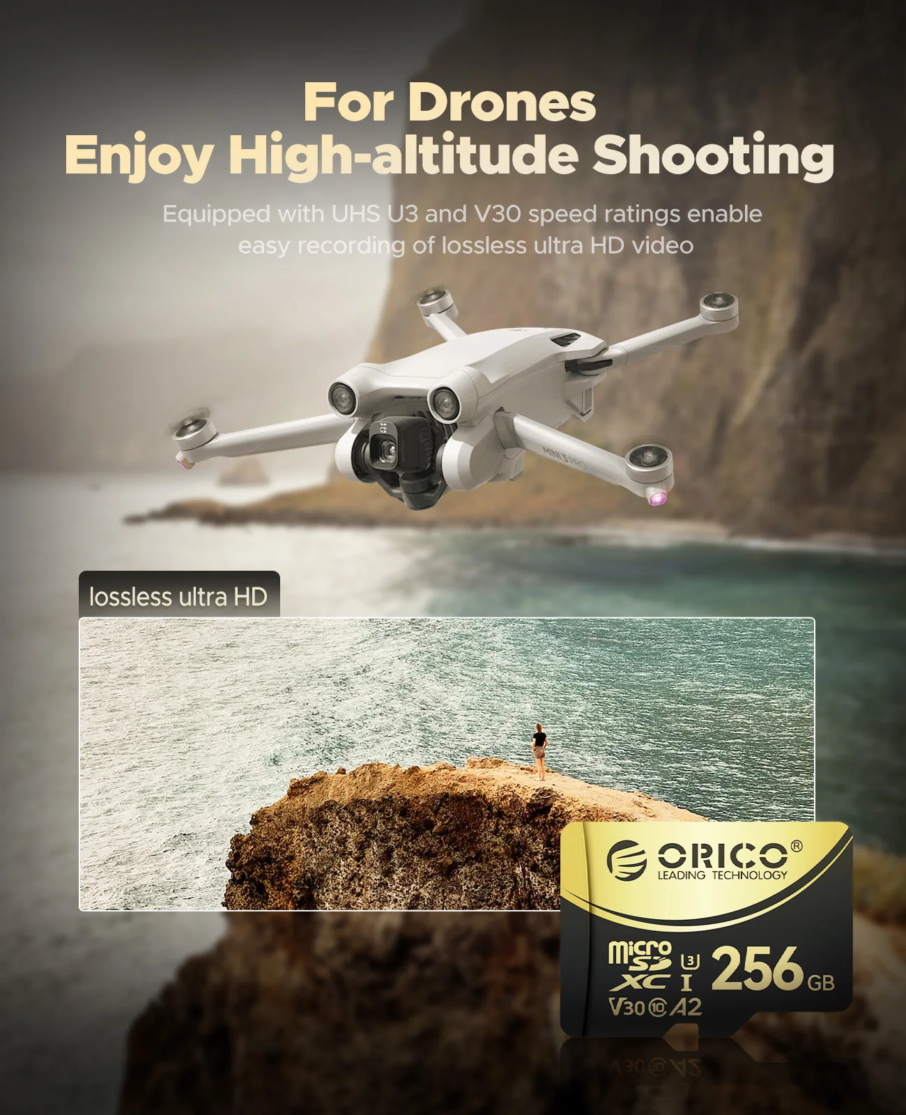 ORICO V3 256 GB microSDXC UHS-I-Speicherkarte, 180 MB/s, 160 MB/s lesen, 4K-UHD-Recodierung, U3, Class10, V30, A2, Micro SD für Drohne – Detail 7