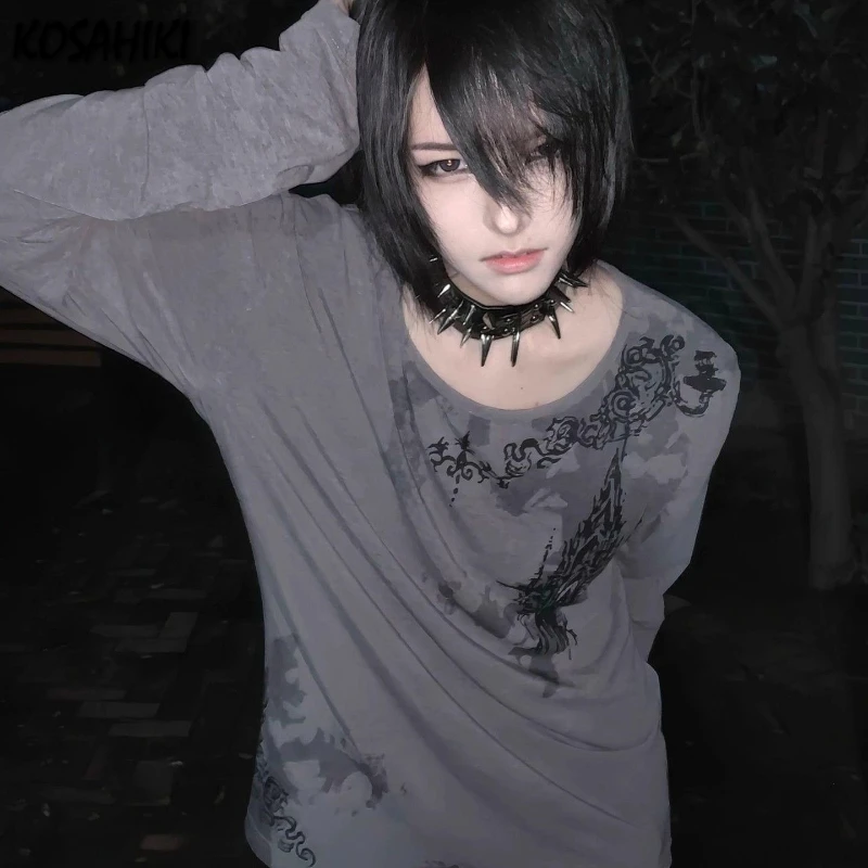 

Y2k панк винтажная серая футболка с принтом с длинным рукавом уличная одежда эстетические тонкие топы в стиле гранж Harajuku женские повседневные осень 2023 г.