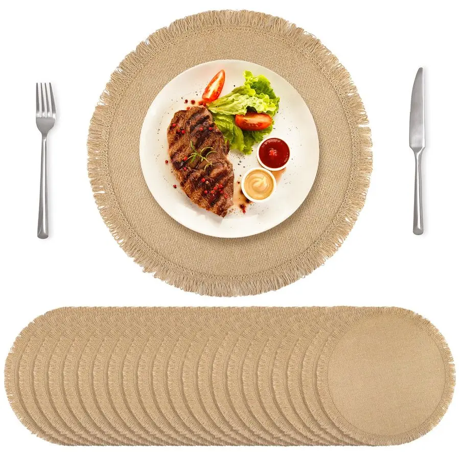 

24 шт. джутовые салфетки, 15-дюймовые круглые салфетки из мешковины, натуральный джут в стиле бохо с ковриком для стола с бахромой, термостойкий натуральный фермерский дом